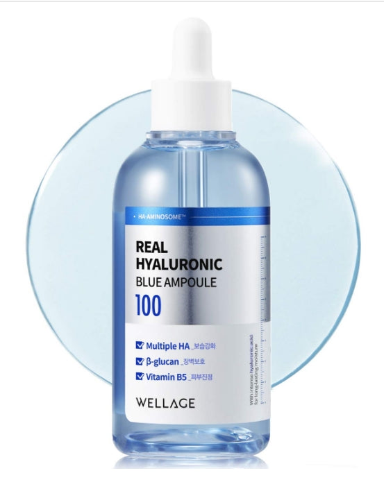 WELLAGE Real Hyaluronic Blue Ampoule 100, Fragrance Free Hyaluronic Acid Ampoule, Hydrating Non Sticky Serum for Sensitive Dry Skin, 2.54 fl.oz